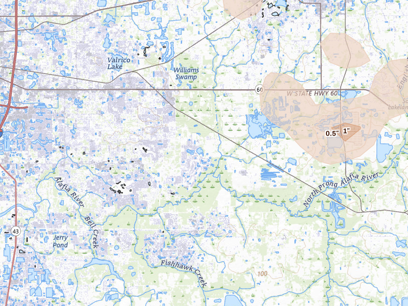 Radar-estimated hail-size map of the storm over Dover, FL on Jul 8, 2026