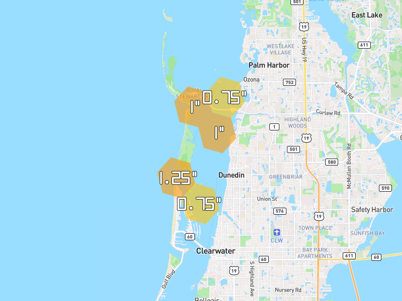 Hail map of Dunedin, FL on Jul 10, 2026, hail up to 1.25"
