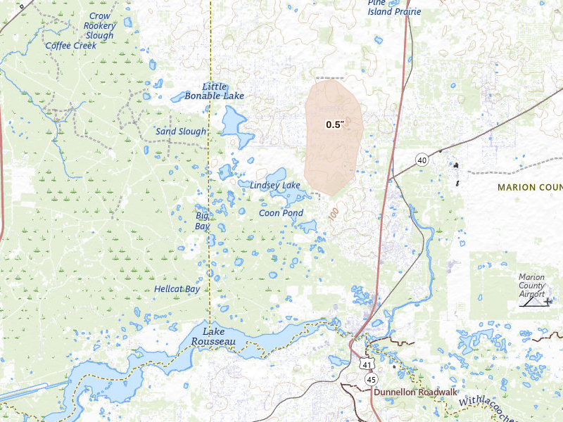 Radar-estimated hail-size map of the storm over Dunnellon, FL on Mar 5, 2026