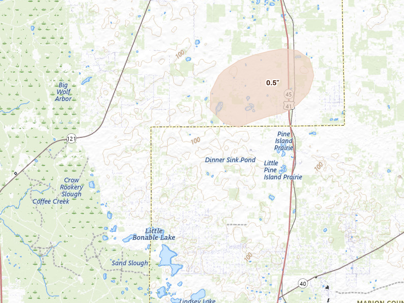 Radar-estimated hail-size map of the storm over Dunnellon, FL on May 23, 2026