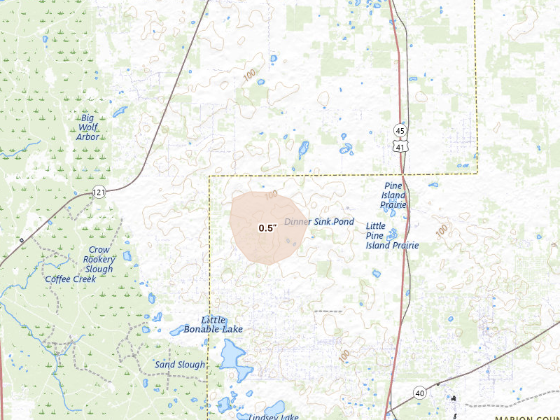 Radar-estimated hail-size map of the storm over Dunnellon, FL on Jul 10, 2026