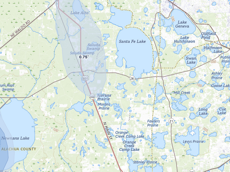 NEXRAD radar-signature map of the hail storm over Earleton, FL on Jul 10, 2026