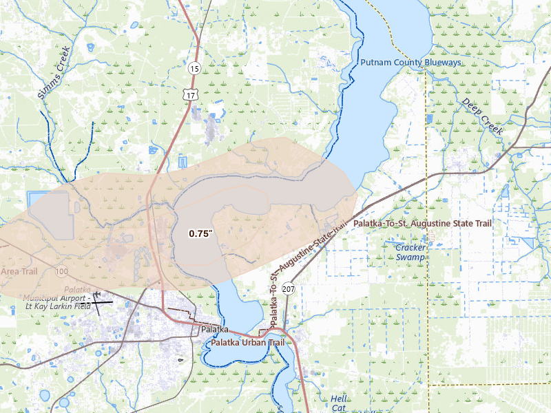 Radar-estimated hail-size map of the storm over East Palatka, FL on May 8, 2026