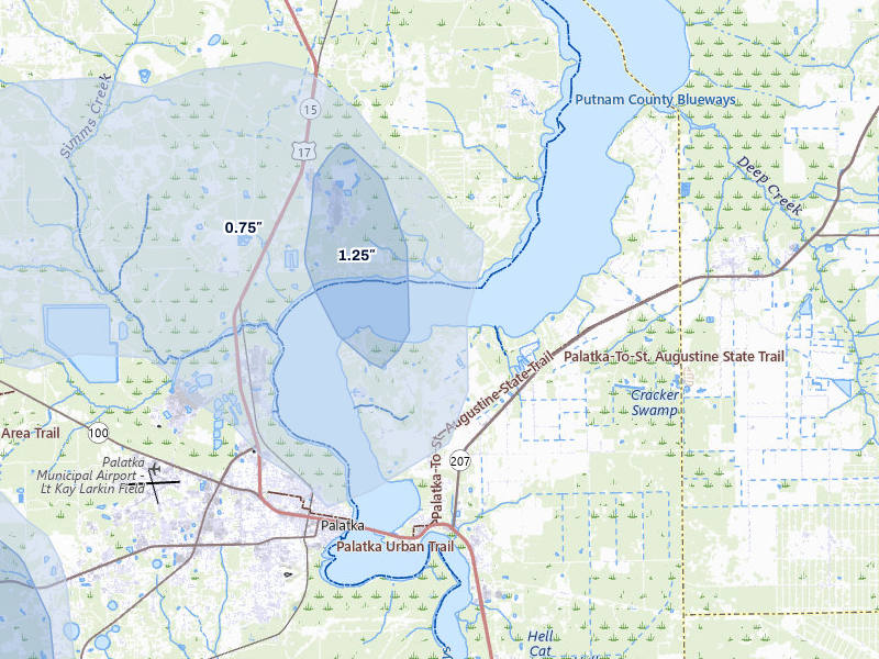 NEXRAD radar-signature map of the hail storm over East Palatka, FL on Jun 27, 2026