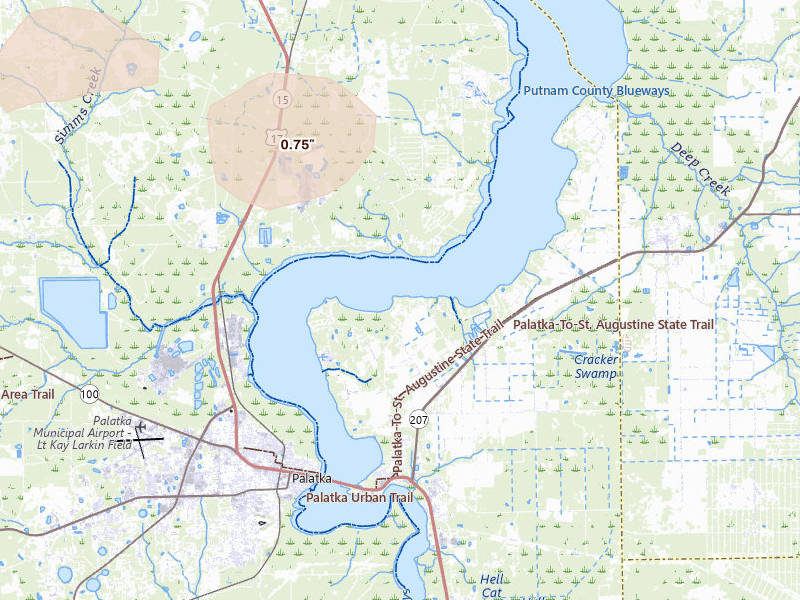 Radar-estimated hail-size map of the storm over East Palatka, FL on Aug 19, 2026