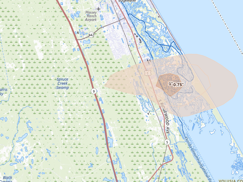 Radar-estimated hail-size map of the storm over Edgewater, FL on May 9, 2026