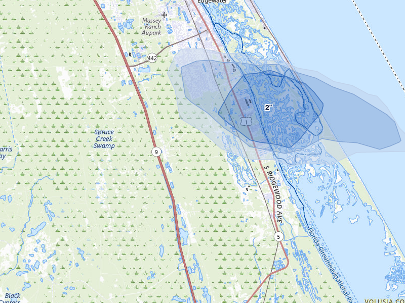 NEXRAD radar-signature map of the hail over Edgewater, FL