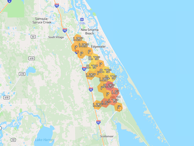 Hail map of Edgewater, FL on Jun 2, 2026, hail up to 2.25"