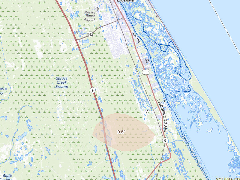 Radar-estimated hail-size map of the storm over Edgewater, FL on Jun 24, 2026