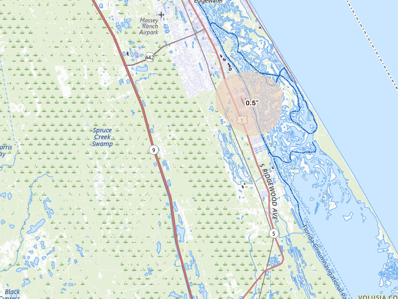 Radar-estimated hail-size map of the storm over Edgewater, FL on Jul 8, 2026