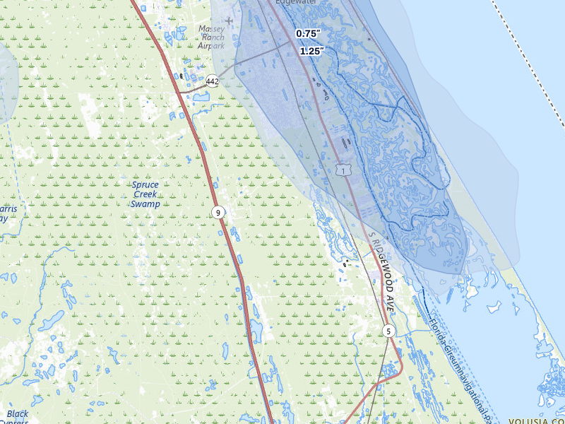 NEXRAD radar-signature map of the hail storm over Edgewater, FL on Jul 8, 2026