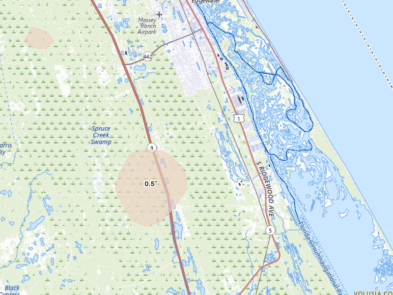 Radar-estimated hail-size map of the storm over Edgewater, FL on Jul 26, 2026