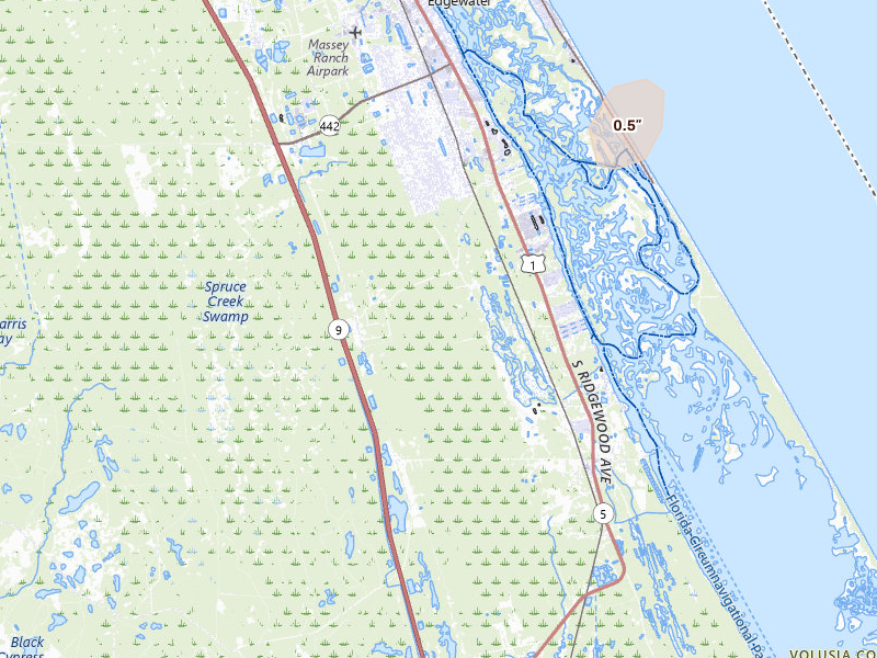 Radar-estimated hail-size map of the storm over Edgewater, FL on Jul 30, 2026