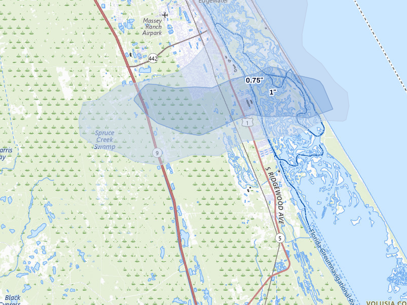 NEXRAD radar-signature map of the hail storm over Edgewater, FL on Jul 30, 2026