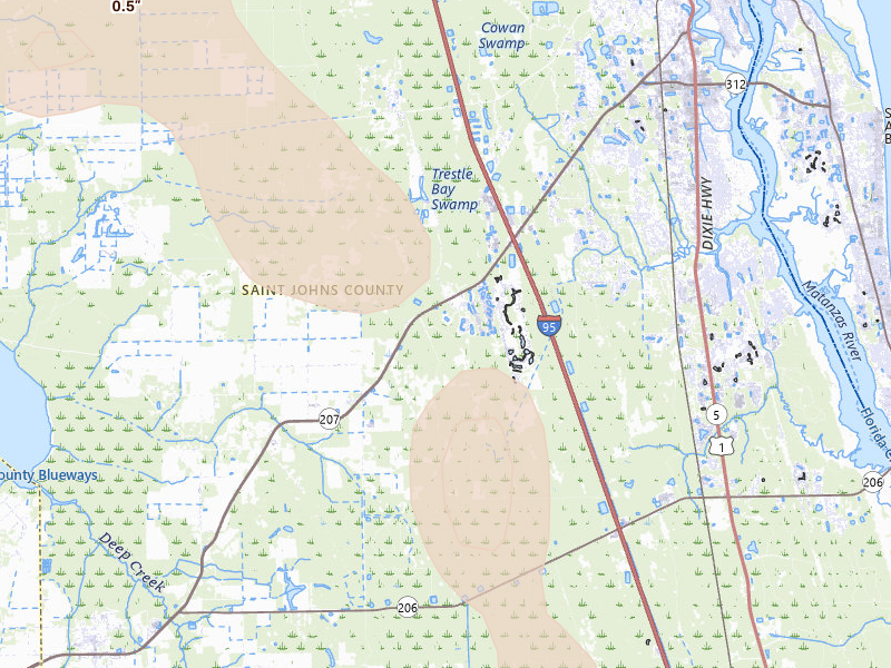 Radar-estimated hail-size map of the storm over Elkton, FL on Jun 25, 2026