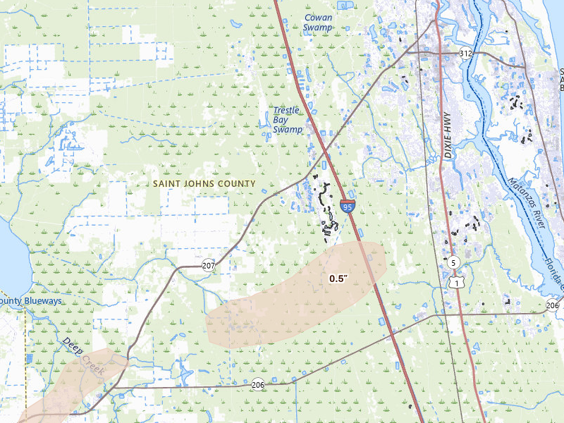 Radar-estimated hail-size map of the storm over Elkton, FL on Jul 9, 2026