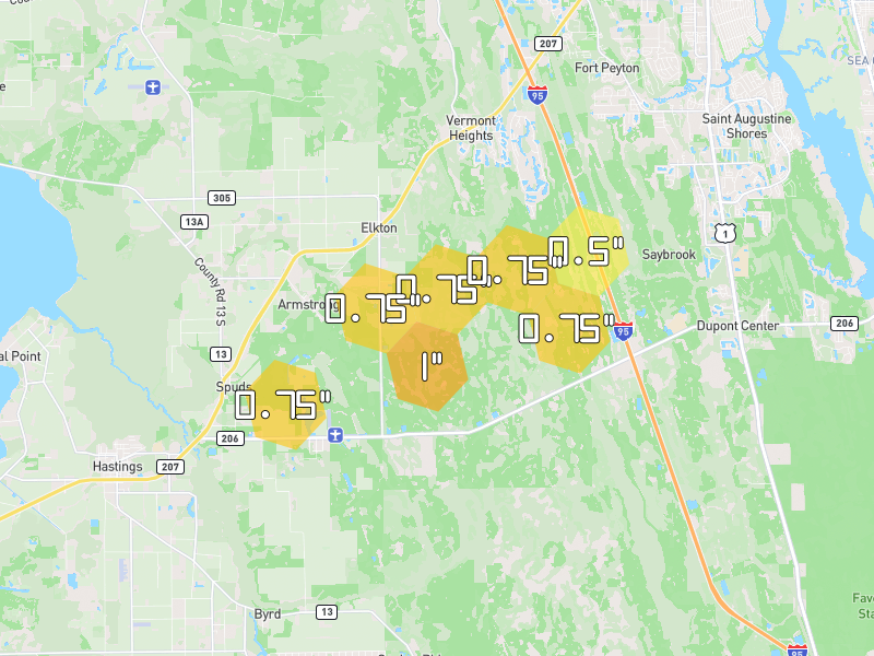 Hail map of Elkton, FL on Jul 9, 2026, hail up to 1"