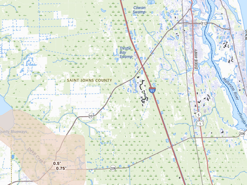 Radar-estimated hail-size map of the storm over Elkton, FL on Jul 10, 2026
