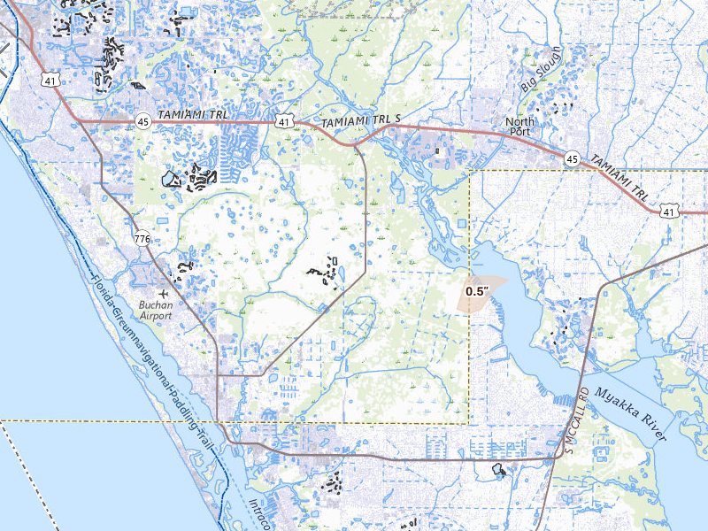 Radar-estimated hail-size map of the storm over Englewood, FL on Jul 9, 2026