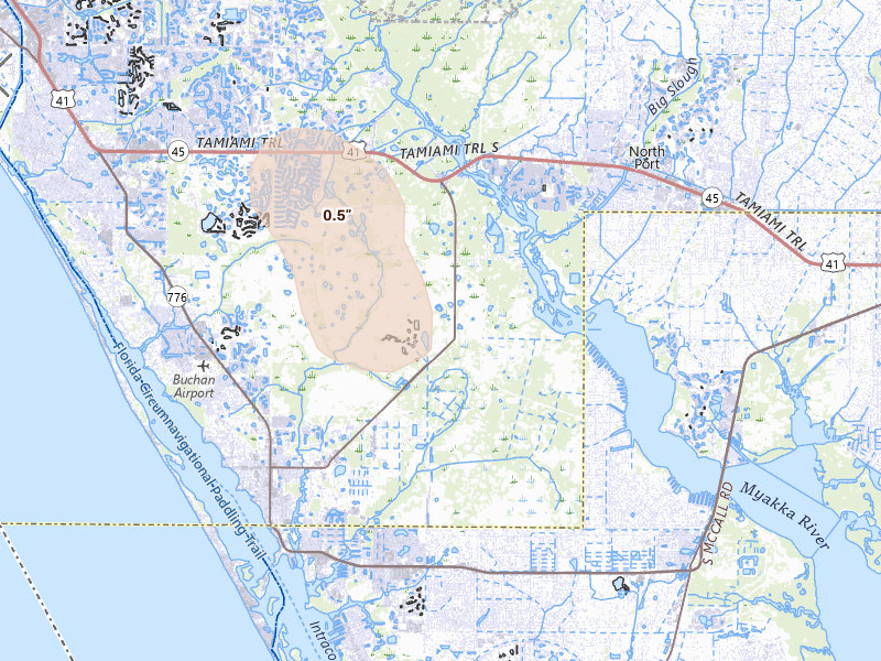Radar-estimated hail-size map of the storm over Englewood, FL on Jul 24, 2026