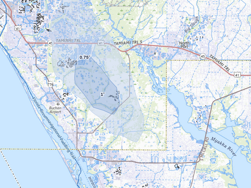 NEXRAD radar-signature map of the hail storm over Englewood, FL on Jul 24, 2026