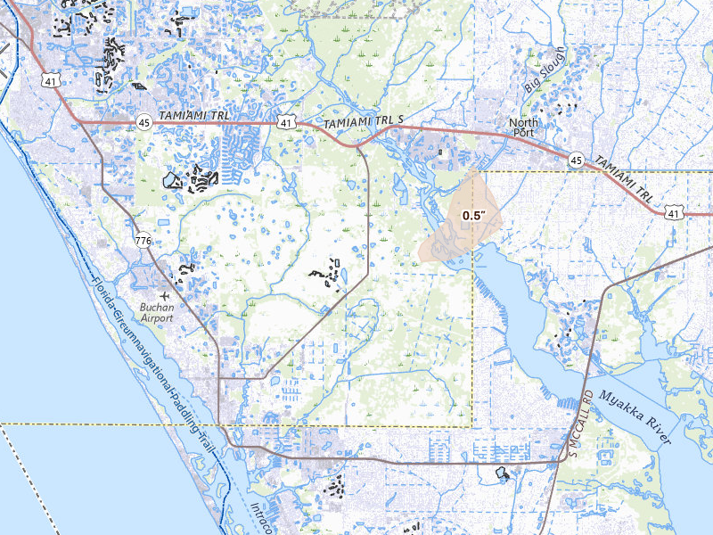 Radar-estimated hail-size map of the storm over Englewood, FL on Aug 6, 2026