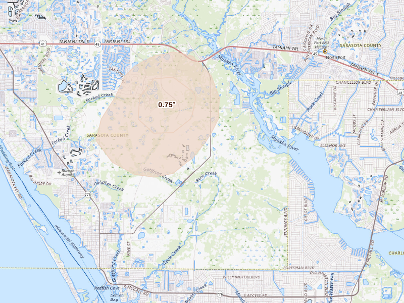 Radar-estimated hail-size map of the storm over Englewood, FL on Sep 18, 2026