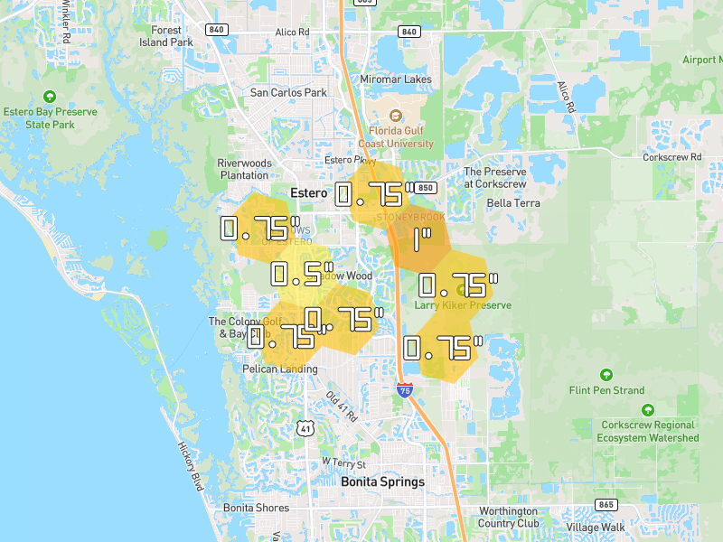 Hail map of Estero, FL on Jun 27, 2026, hail up to 1"