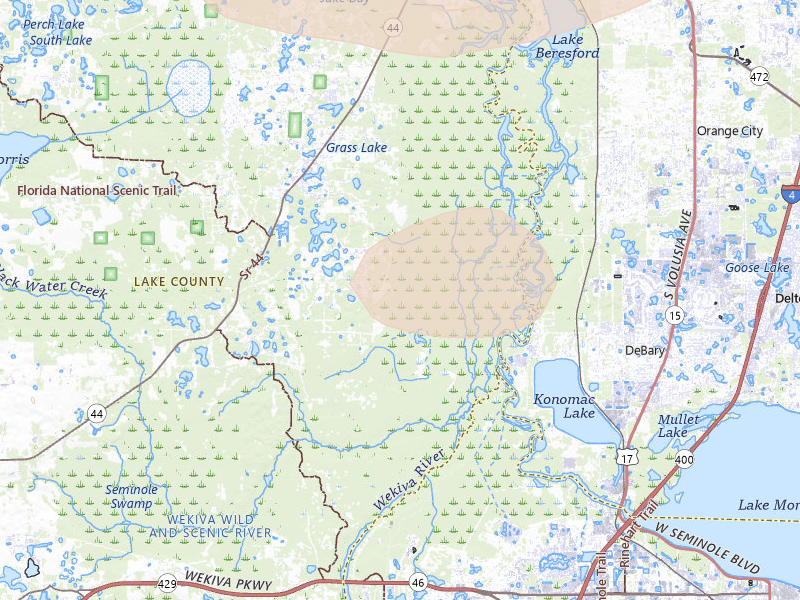 Radar-estimated hail-size map of the storm over Eustis, FL on Jul 17, 2026