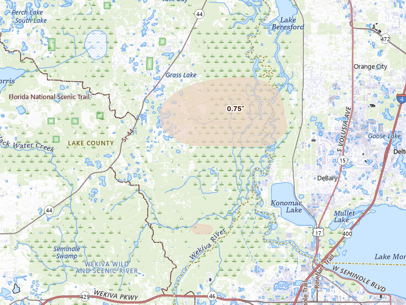 Radar-estimated hail-size map of the storm over Eustis, FL on Jul 27, 2026