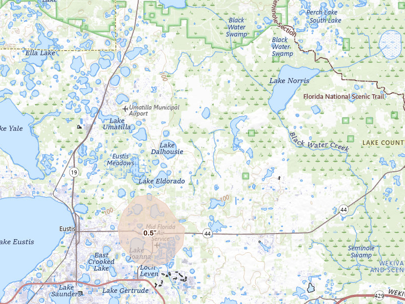 Radar-estimated hail-size map of the storm over Eustis, FL on Aug 8, 2026