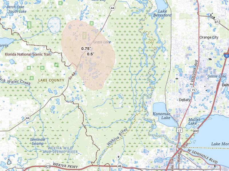 Radar-estimated hail-size map of the storm over Eustis, FL on Aug 9, 2026