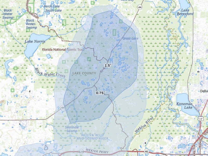 NEXRAD radar-signature map of the hail storm over Eustis, FL on Aug 9, 2026