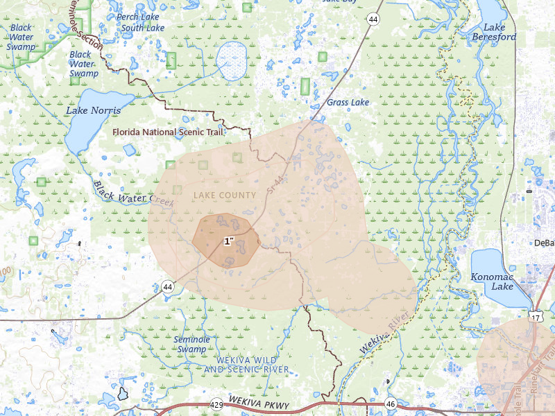 Radar-estimated hail-size map of the storm over Eustis, FL on Aug 19, 2026