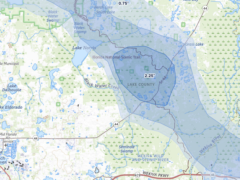 NEXRAD radar-signature map of the hail storm over Eustis, FL on Aug 19, 2026