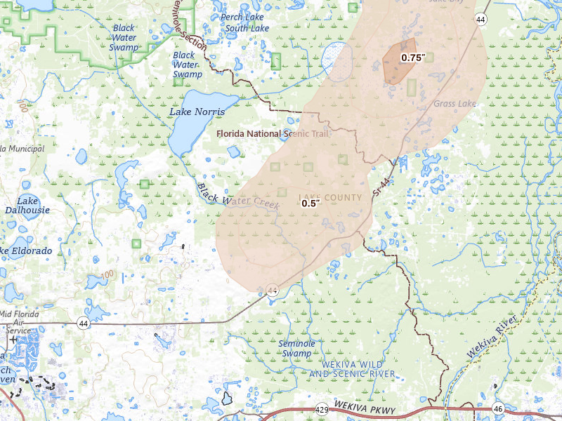 Radar-estimated hail-size map of the storm over Eustis, FL on Aug 20, 2026