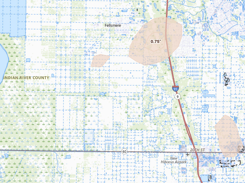 Radar-estimated hail-size map of the storm over Fellsmere, FL on Aug 26, 2026