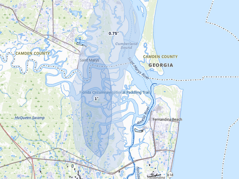 NEXRAD radar-signature map of the hail over Fernandina Beach, FL