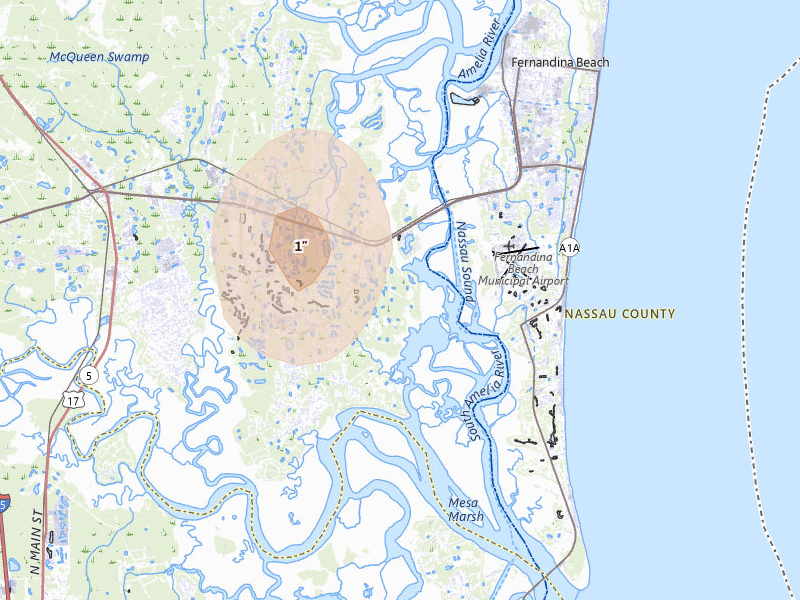 Radar-estimated hail-size map of the storm over Fernandina Beach, FL on Aug 10, 2026