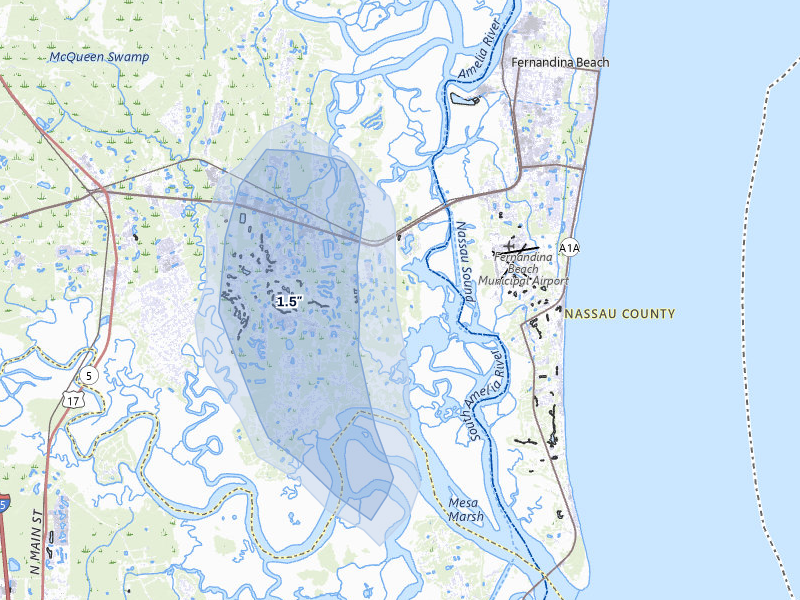 NEXRAD radar-signature map of the hail storm over Fernandina Beach, FL on Aug 10, 2026