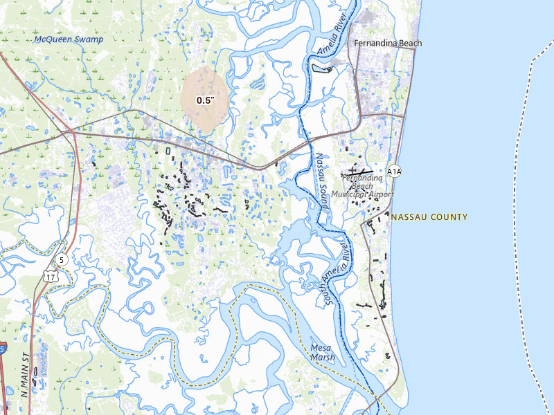 Radar-estimated hail-size map of the storm over Fernandina Beach, FL on Aug 16, 2026