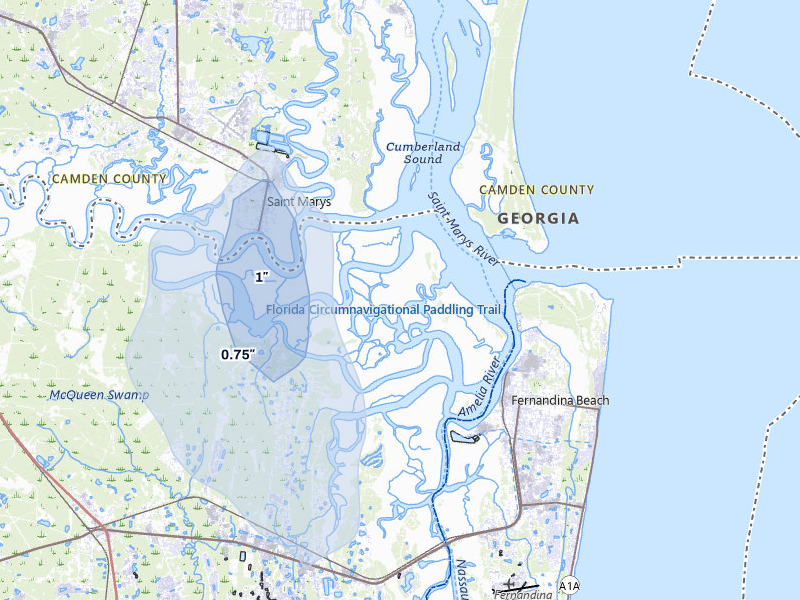 NEXRAD radar-signature map of the hail storm over Fernandina Beach, FL on Aug 16, 2026