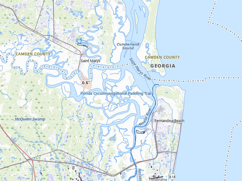 Radar-estimated hail-size map of the storm over Fernandina Beach, FL on Aug 24, 2026