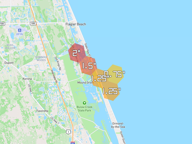 Hail map of Flagler Beach, FL on Jun 2, 2026, hail up to 2"