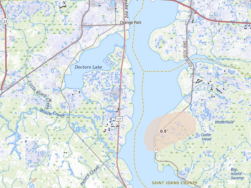 Radar-estimated hail-size map of the storm over Fleming Island, FL on Aug 19, 2026