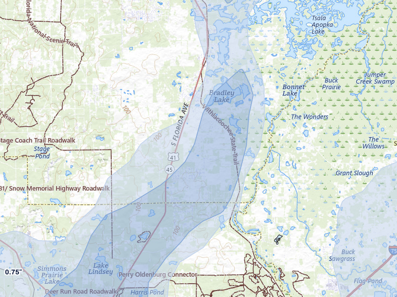 NEXRAD radar-signature map of the hail over Floral City, FL