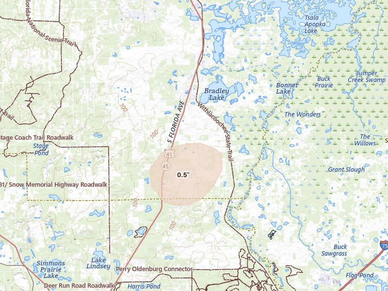 Radar-estimated hail-size map of the storm over Floral City, FL on Jun 25, 2026