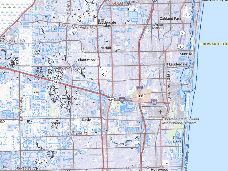 Radar-estimated hail-size map of the storm over Fort Lauderdale, FL on Feb 28, 2026