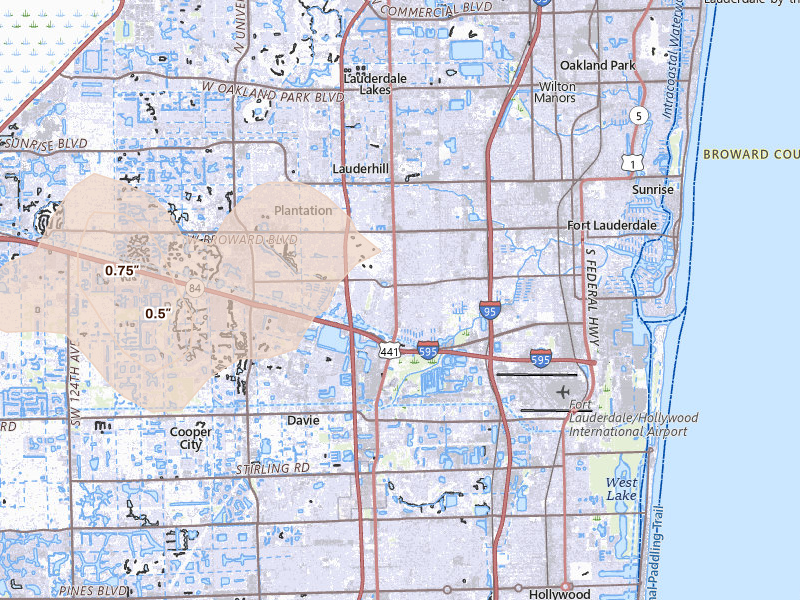Radar-estimated hail-size map of the storm over Fort Lauderdale, FL on Apr 26, 2026