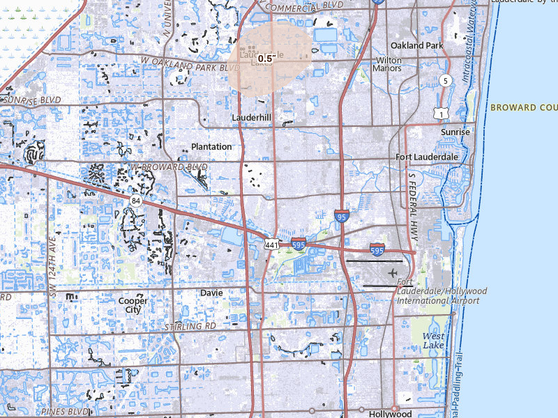 Radar-estimated hail-size map of the storm over Fort Lauderdale, FL on Jul 5, 2026